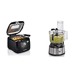 Hamilton Beach Electric Deep Fryer, 8 Cups / 2 Liters Oil Capacity, Black & Food Processor & Vegetable Chopper for Slicing, Shredding, Mincing, and Puree, 10 Cups - Bowl Scraper, Stainless Steel