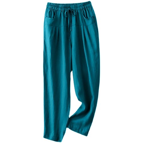 Cotton Linen Cropped Pants for Women Summer Wide Leg Pants Casual Elastic Waist Drawstring Loose Trousers with Pockets