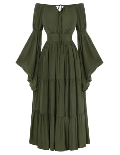 SCARLET DARKNESS Damen Mittelalter Corsagenkleid Rockabilly Hohe Taille Flowy Swingkleid Olivgrün M