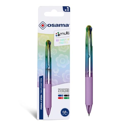 Osama 4 Multi Rainbow Pastel - Stylo 4 Couleur, 1 Pièce - Stylo Bille 0.1 mm Pointe Fine à Déclic avec Encre Noire, Bleue, Rouge et Verte - Stylos Couleur pour Papeterie, Fourniture Scolaire et Bureau