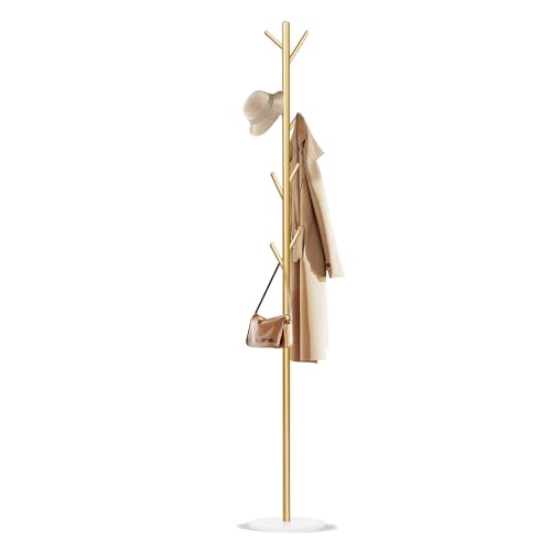 Wtiujhg Coat Rack Metal Freestanding Coat Rack with 8 Hooks Sturdy Coat Tree with Natural Marble Base for Coats Hats Scarves and Handbags for Entryway Hallway Bedroom Office Dorm (Gold)