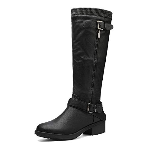 DREAM PAIRS Women's Knee High Boots Wide Calf Low Heel Riding Boots Fall Tall Boots for Women 8 Black Pu-wide-calf