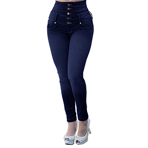 Ouduo Mujer Vaqueros Ajustados de Cintura Alta,Botón Jeans de Moda Elásticos Tallas Grandes Jeans Delgados Pantalones Skinny Pantalones de Mezclilla (M,Azul Negro)