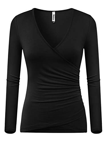 Beauhuty Womens Tops Deep V Neck Slim Fitted T-Shirt Front Surplice Wrap Ruched Long Sleeve Tees (M, Long-Black)