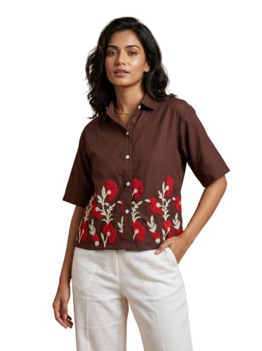 Image of Stylish Women's Embroidered Shirts | Geometric Pattern Half Sleeve Collared Button-Up Casual Shirt for Women