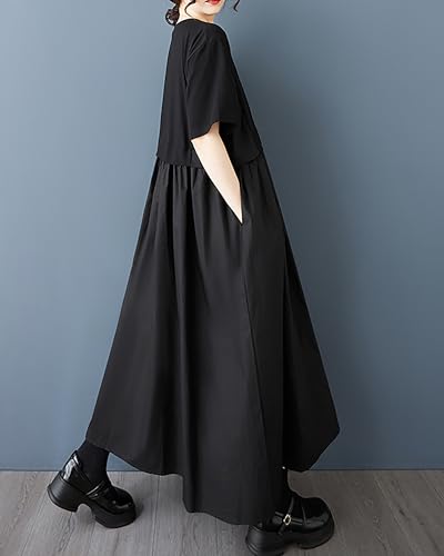 ellazhu Women's Dress Crewneck Short Sleeve A-line Solid Color Patchwork with Pocket GZ4912