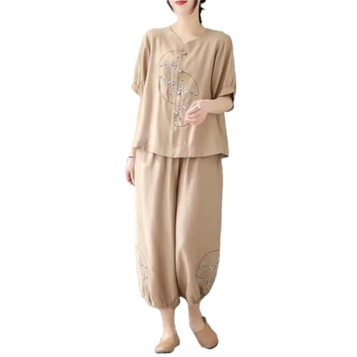 Women 2 Piece Sets Pant Suits Chinese Style Vintage Embroidery Shirt And Ankle-Length Pants