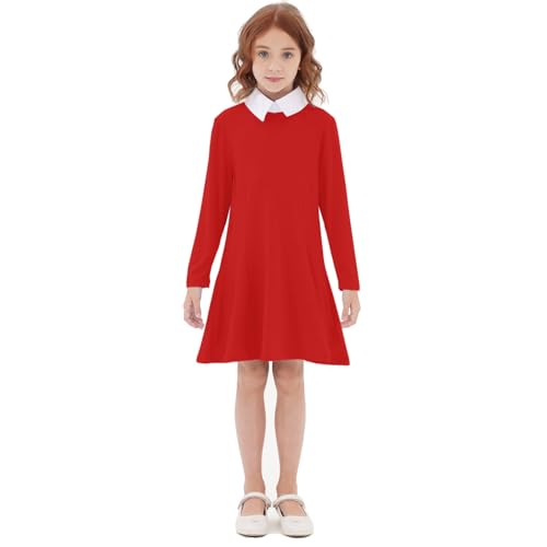 Girls Casual Dress Long Sleeve Vintage Peter Pan Collar T-Shirt Dresses Age 3-12 Years