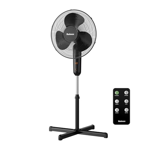 HOLMES 16' Digital Stand Fan, 80° Oscillation, 3 Speeds, 3 Modes, 7.5 Hour Timer, Adjustable Height, 30° Adjustable Head Tilt, Ideal for Home, Bedroom or Office, Remote Control, Black
