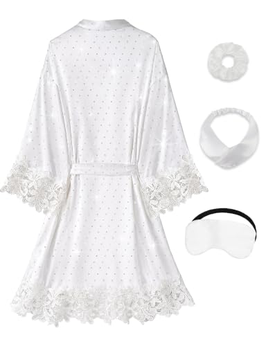 Image of EPLAZA Sparkly Rhinestone Bride Robe for Wedding Day Set Bridal Robe Lace Trim Silky Satin Kimono for Bridal Bachelor Party