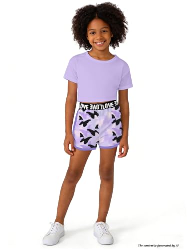 Image of Betusline Girls Summer 2 Piece Outfits,Kids Short Sleeve Crop Top & Shorts Set with Side Pockets