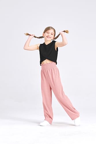 Image of Kids Clothes Girls Summer 2024 Cute Outfits 2 Piece Tie Knot Crop Tops Wide Leg Long Pants Set Suit Pink Black, 5-6 Y, Black&pink