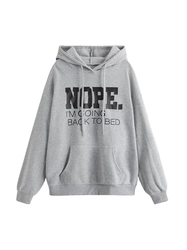 SHENHE Women's Slogan Letter Print Long Sleeve Hooded Sweatshirt Pullover Hoodie Tops Grey and Black Medium