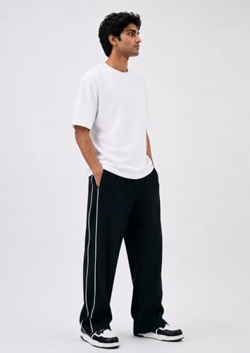 Image of Men's Black Wide Leg Track Pants with White Side Piping, Casual Style
