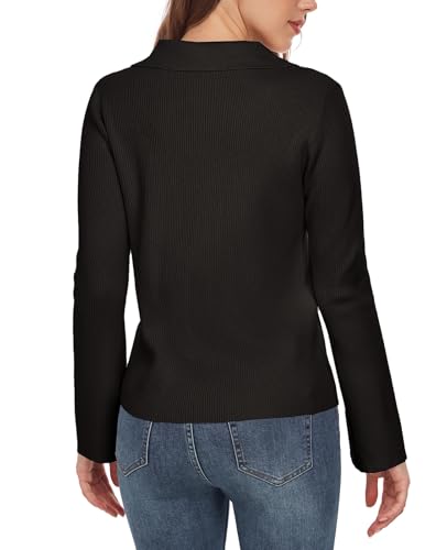 Image of Women's Zip Up Sweater Long Sleeve Polo V Neck Ribbed Knit Slim Cropped Sweater Pullover Trendy Tops