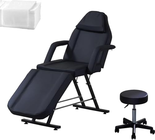 KernGut Schwarz Klappbar Massagelieg Tattooliege Kosmetikstuhl höhenverstellbare Massageliege Zubehör Removable Armrests Headrest Hocker & Bettwäsche (Schwarz)
