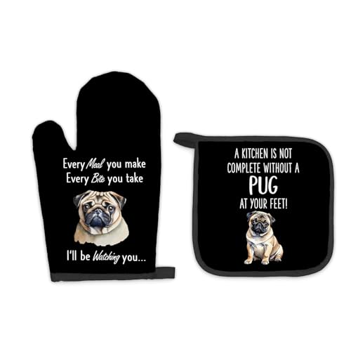 FIicy Pug Gifts Dog Oven Mitts and Pot Holders Sets, Pug Gifts for Pug Lovers Women Kitchen Accessories Sets, Complete Without a PugDog Black Heat Resistant Oven Glove Potholder for Kitchens Baking