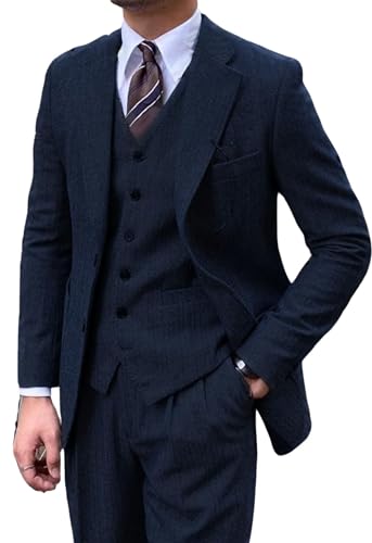 3 Piece Tweed Suit Set,Retro Herringbone Prom Tuxedos Set for Men Wedding Grooms Blazer Vest Pant Set