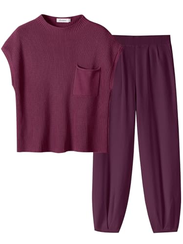 Image of ANRABESS Women's Two Piece Outfits Knit Sweater Vest Crop Top Pants Lounge Matching Tracksuit Sweatsuit Travel Clothes Sets