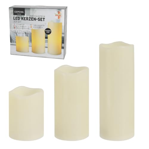3er Set LED Kerzen Echtwachs-Optik Outdoor | 3 Größen Kunststoff elfenbein...