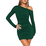 IYOWEL レディース セクシー オフショルダー ドレス 長袖 ボディコン シャーリング お出かけ カクテル パーティー ショート ミニドレス, ダークグリーン, Medium