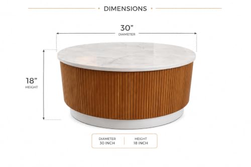 Image of WOODEN SPACE Round Marble-Top Wooden Center Table for Living Room | Modern Entryway Furniture | Coffee Table - 30X30X18 Inch (Fluted Natural)