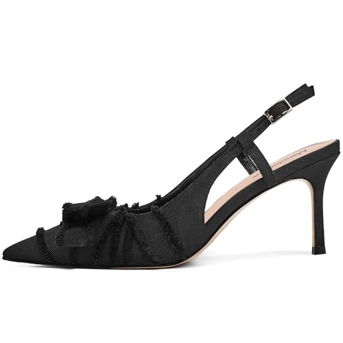 Image of Women's Slingback Heels with Bow Pointed Toe Pumps with Elasticated Strap 3.3 inch High Heels for Evening Dress Shoes