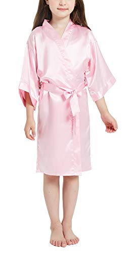 Bathrobe for Girls Silk Kimono Cardigan for Birthday Gift Bride Maid Pure-Color Nightgown Rose Gold, L