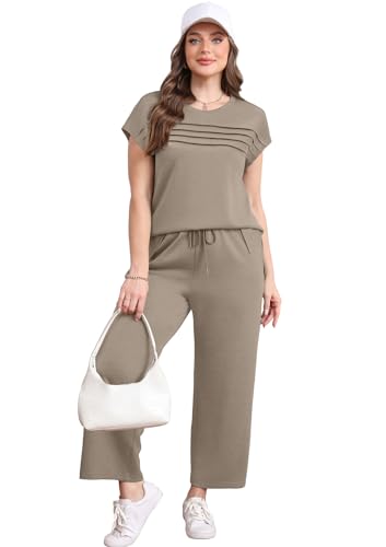 WIHOLL Two Piece Sets for Women Summer Travel Vacation Outfits Cap Sleeve Lounge Matching Sets Wide Leg Pants S-3XL3