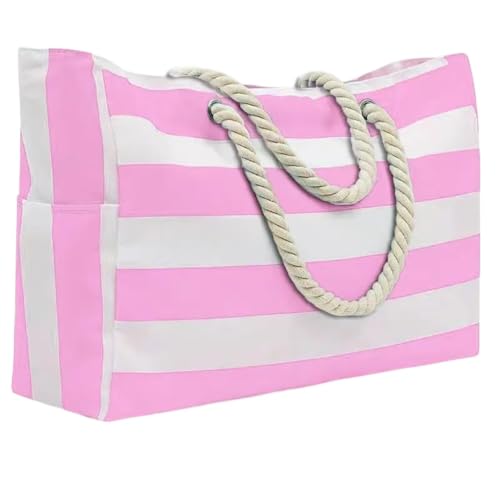 Sac de plage rayé rose pour femme | Grand sac fourre-tout pliable et imperméable