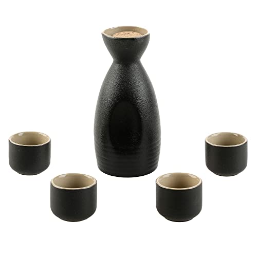 MyGift White Ceramic Hot Sake Set with Tokkuri Bottle Carafe (5 oz) and 4 Ochoko Cups (1.6 oz), Japanese Style Sake Serving Set (Black)