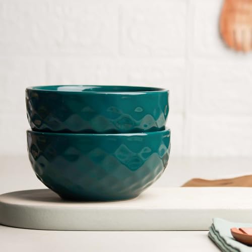 The Earth Store Teal Diamond 500ML Ceramic Bowl Dishwasher & Microwave Safe Bowl Mixing Bowl for Snacks, Pasta, Rice, Dal, Fruits, Salad, Noodles, Maggi and More Serving Bowl- Set of 2
