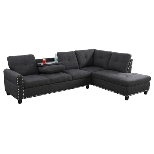 Ubgo NO Modern Linen Sofas & Couches For Living Room Furniture Set,L-Shaped Modular Couch Upholstered 6 Seaters Sectional Sofa Couch W/2 Cup Holders & Storage Ottoman thumb #8