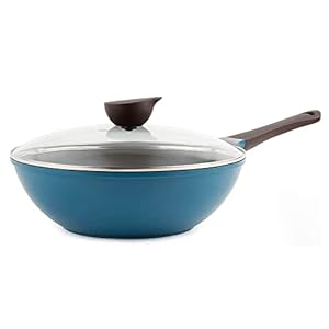 Neoflam Eela 12” Non Stick Chef’s Wok with Glass Lid, Stir Fry Pan and POFA-Free Ceramic Coating for Cooking Saute Vegetables, Meat, Fish, 12 inch, Deep Blue (Handle assemble required)