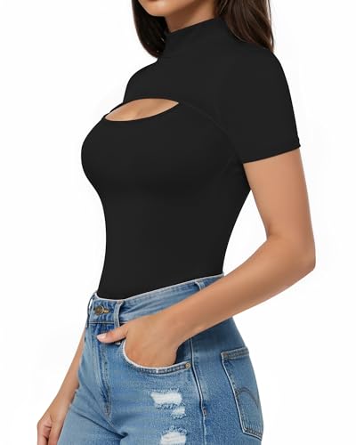 ALGALAROUND Short Long Sleeve Shirts for Women Basic Mock Turtle Neck Cut Out Tops Going Out T-Shirt Tee2