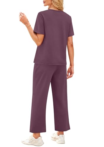 Image of WIHOLL 2 Piece Sets for Women Casual Summer Travel Vacation Outfits Short Sleeve Wide Leg Crop Pants Lounge Sets