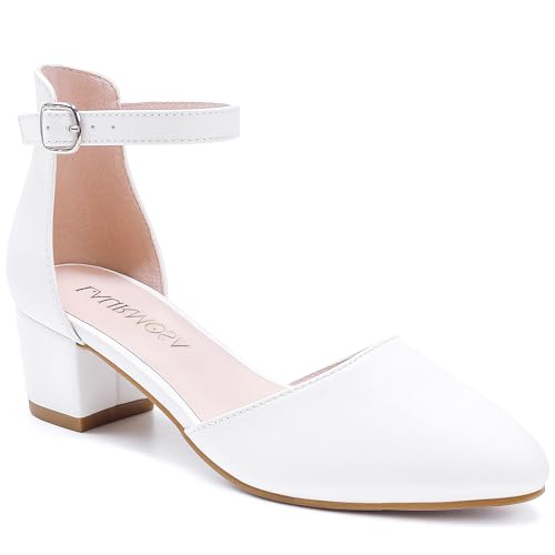 Flower Girl Shoes Closed Toe Heels for Girls Dress Shoes Ankle Strap High Heels for Kids Pointed Toe Block Chunky Pump for Little Big Kids Wedding Party