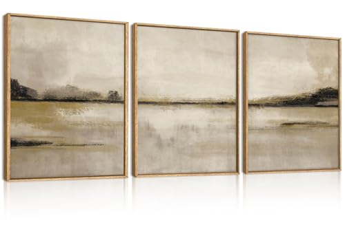 Image of KAIRNE Neutral Abstrcat Landscape Framed Canvas Wall Art Set, Retro Mountain Lake Wall Decor, Vintage Tan Scenery Art Prints, Modern Nature Artwork for Living Room,Bedroom,Farmhouse,Office-12 x16 x3