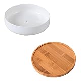 Lurrose Keramik Pflanztopf mit Bambus Untersetzer 16cm Weißer Sukkulenten Blumentopf Garten Pflanzgefäß für Innen und Terrasse