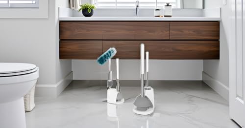 Image of Toilet Brush and Plunger Set with Holder Caddy and Tweezer - Features Plastic Handles and The Lower Parts Covering by Stainless Steel Sheets for Heavy Duty Performance,Hygienic,Clearing Tough Clogs.