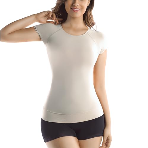 Image of +MD Women's Seamless Short Sleeve Undershirt, Light Compression Scoop Neck Tank Top, Tummy Control Basic Tee Camisole