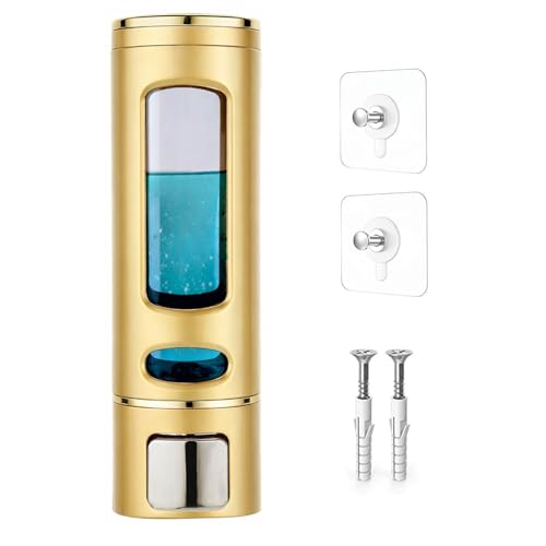Image of Wall-Mounted Soap Dispenser 400ml with Adhesive Hook, No-Drill ABS Plastic Dispenser for Kitchen, Bathroom, Hand Wash, Shower Gel, Sanitizer Capsule Design Gold