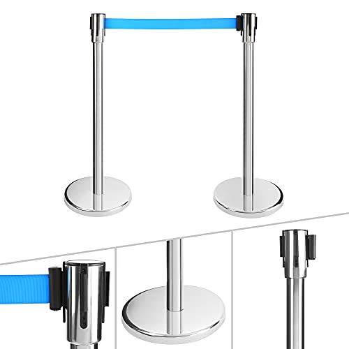 Arebos 2X Postes Separadores Con Cinta Retráctil Extensible, Poste Separador Para Bancos, Centros Comerciales, Exposiciones | Cromo/Azul
