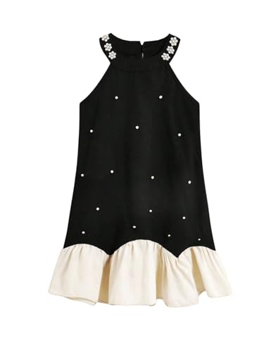 SOLY HUX Girl's Pearl Halter Dress Sleeveless Ruffle Hem Color Block Cute Birthday Midi Dresses
