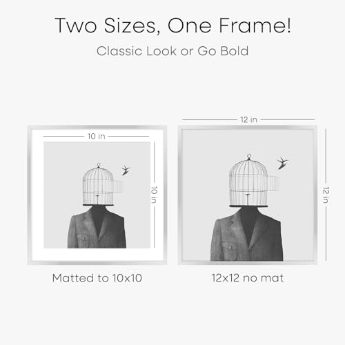 Image of Homeforia 12x12 Silver Frame, High End Metal 12 x 12 Square Picture Frame with Mat 10 x 10 Photo, 12x12 Poster Frames Matted to 10x10 Print, 12 by 12 Hanging Frames, Tempered Glass, Wall Kit, Set of 2