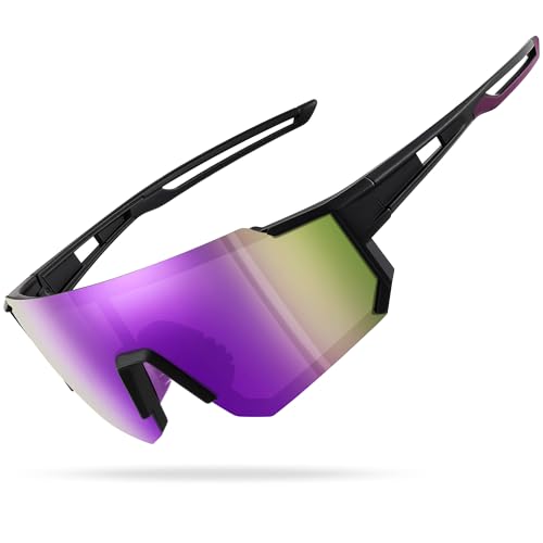 Polarized Sports Sunglasses for Men and Women,Fishing Cycling Mountain Bike Baseball Sunglasses with UV Protection A08 Matt Black Frame - Purple Mirro