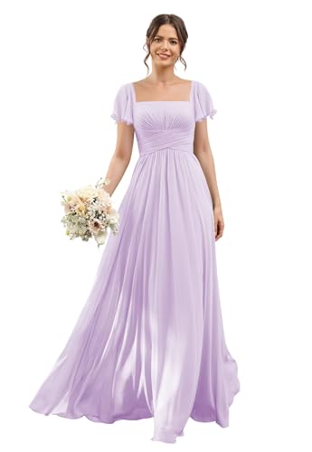 YOFF Short Sleeves Chiffon Bridesmaid Dresses Long with Slit Square Neck A-Line Formal Party Dresses with Pockets YO240