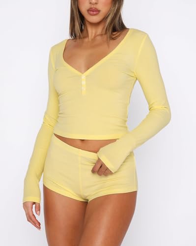 Image of REVETRO Fall Womens 2 Piece Pajama Sets Sexy PJ Shorts Y2k V Neck Long Sleeve Lounge Set Sleepwear with Button Down