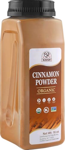 52USA Organic Cinnamon Powder,1 lb (16oz),Pure Ground Cinnamon, 100% Certified,Premium Quality Spice-Great for Baking,Cooking and Drinks,Additive Free, USDA & Kosher Certified, Non-GMO,Gluten Free