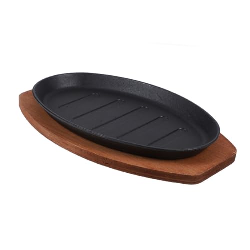 TOYANDONA Plato de Hierro Fundido para Steak Base de Madera Sartén Fajita con Superficie Acanalada para Barbacoa y Cocina Teppanyaki para Restaurante y Reuniones